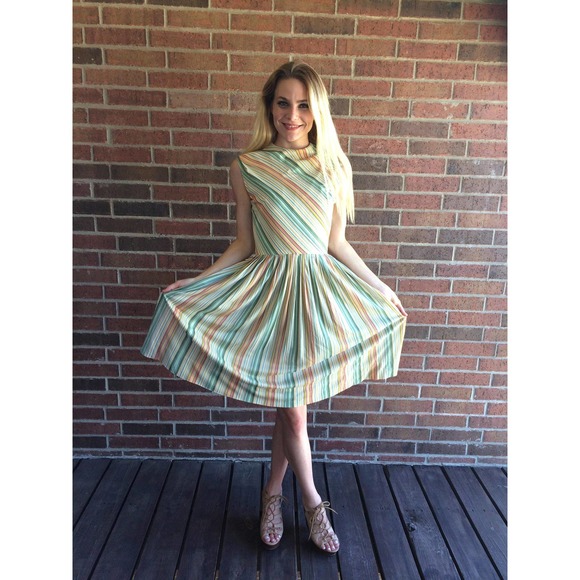 vintage 60s GREEN ORANGE diagonal striped Mod DRESS Small full skirt indie retro - Picture 8 of 10